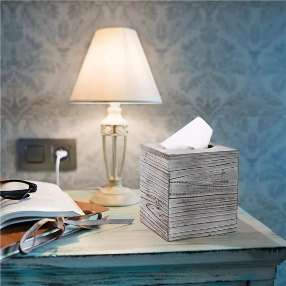 Wood square tissue box cover set of 2 decorative holder for bathroom bedroom off